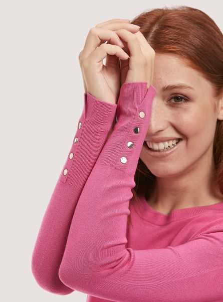 Women Mpk1 Pink Mel Dark Round-Neck Pullover With Buttons On Sleeve Sweaters
