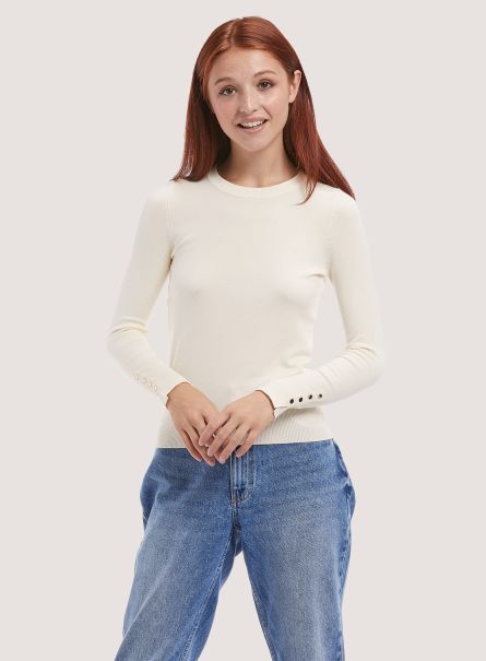 Women Sweaters Wh1 Off White Round-Neck Pullover With Buttons On Sleeve
