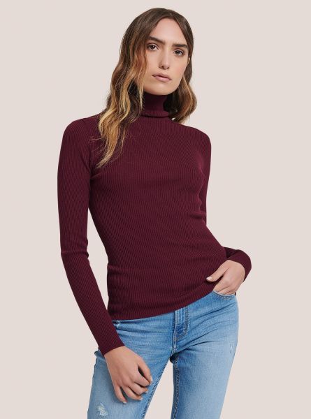 Bordeaux Ribbed Turtleneck Pullover Women Sweaters