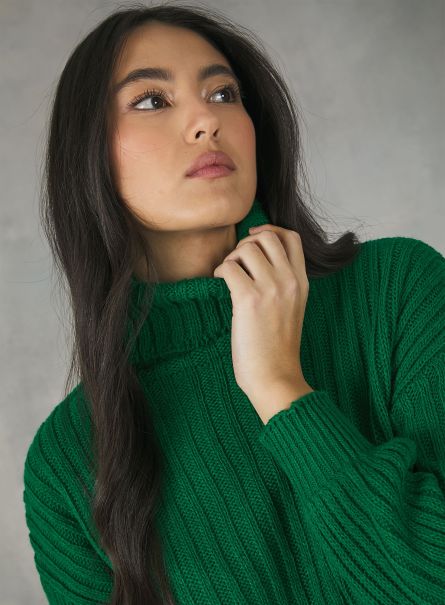 Sweaters Women Gn1 Green Dark Pullover Collo Alto A Coste