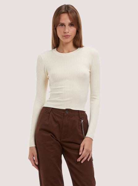 Wh1 Off White Women Soft Cropped Ribbed Stretch Pullover Sweaters