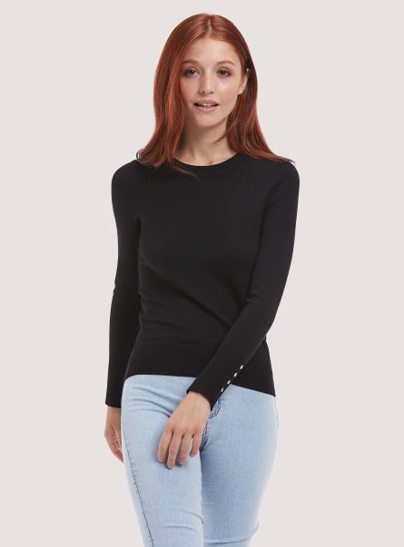 Bk1 Black Women Sweaters Round-Neck Pullover With Buttons On Sleeve