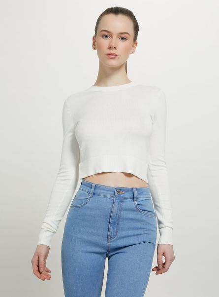 Women Cropped Crew-Neck Pullover Wh1 Off White Sweaters
