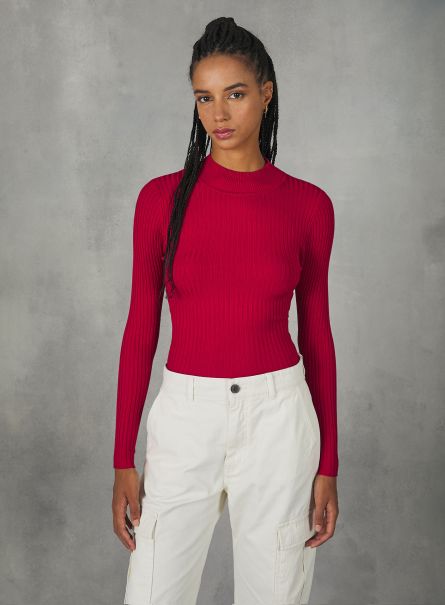 Rd1 Red Dark Women Sweaters Cropped Ribbed Half-Neck Pullover