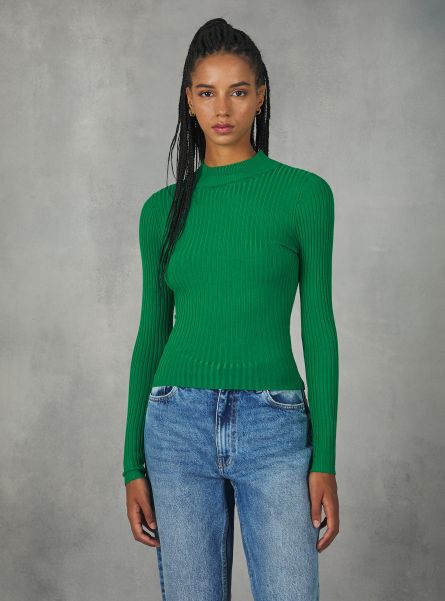 Women Sweaters Gn2 Green Medium Cropped Ribbed Half-Neck Pullover
