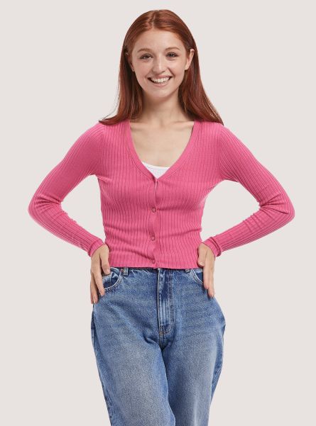 Women Ribbed Cropped Cardigan Pullover Sweaters Mpk1 Pink Mel Dark