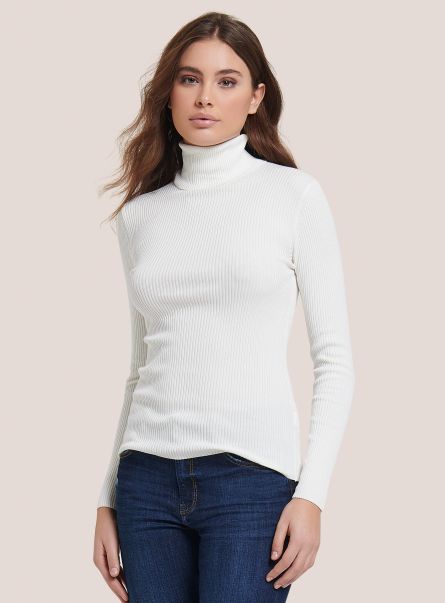 Ribbed Turtleneck Pullover Sweaters Women Wh2 White