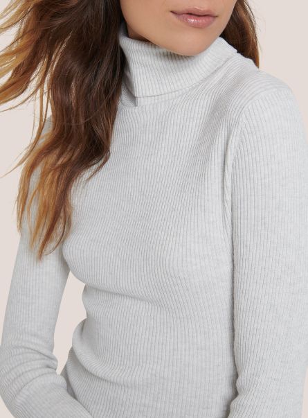 Ribbed Turtleneck Pullover Women Sweaters Mgy3 Grey Mel Light