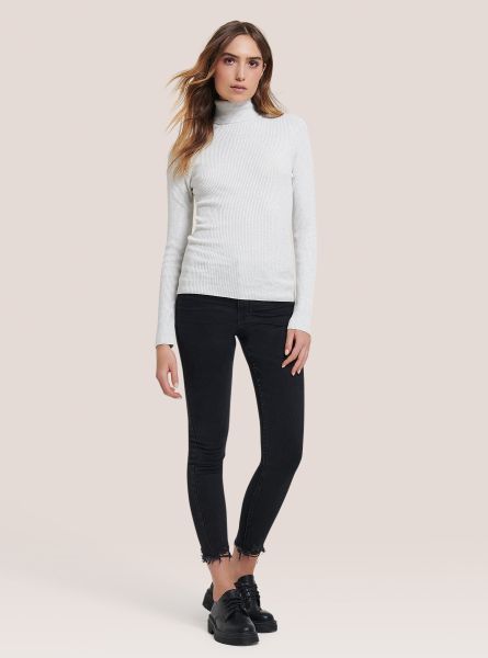 Ribbed Turtleneck Pullover Sweaters Women White Melange