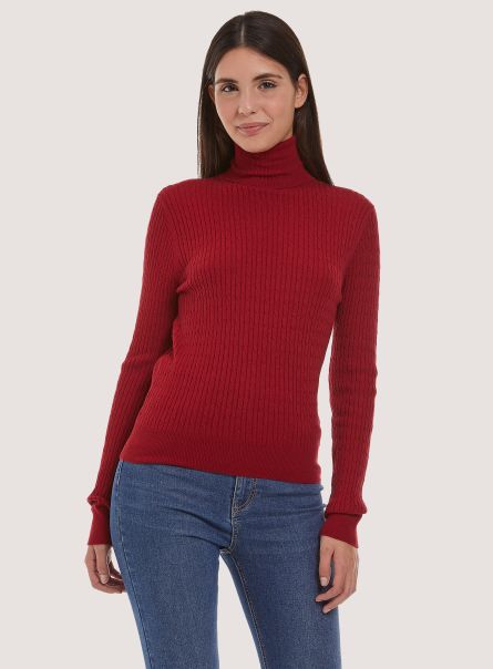 Red Sweaters Women Turtleneck Pullover With Fine Braids