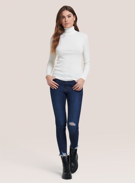 White Ribbed Turtleneck Pullover Sweaters Women