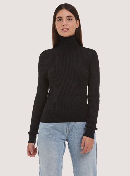 Sweaters Women Turtleneck Pullover With Fine Braids Black