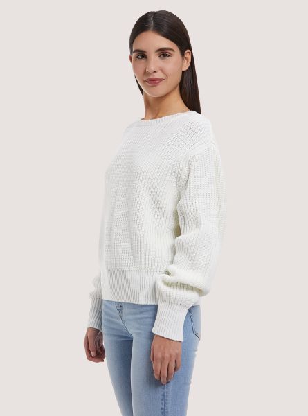 High-Necked Comfort Fit English Rib Pullover Sweaters White Women