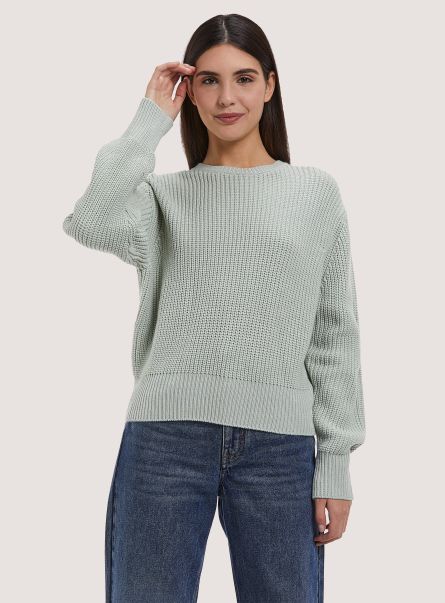Sweaters C6585 Green Women High-Necked Comfort Fit English Rib Pullover
