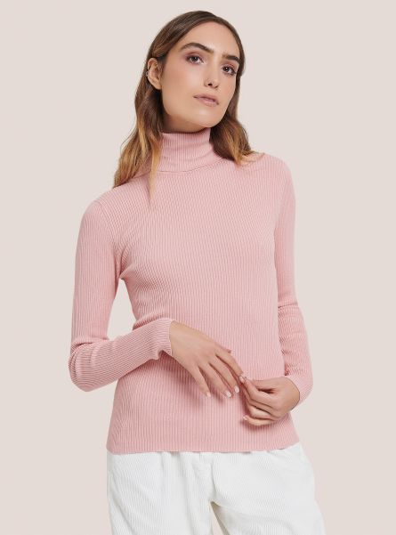 Women Pink Ribbed Turtleneck Pullover Sweaters