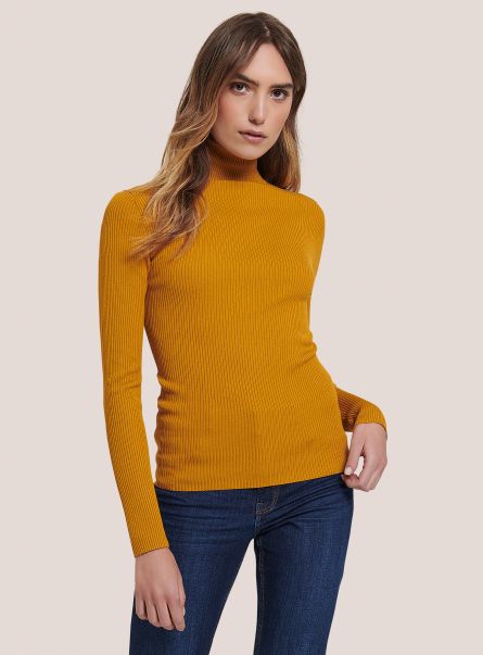 Ribbed Turtleneck Pullover Mustard Women Sweaters
