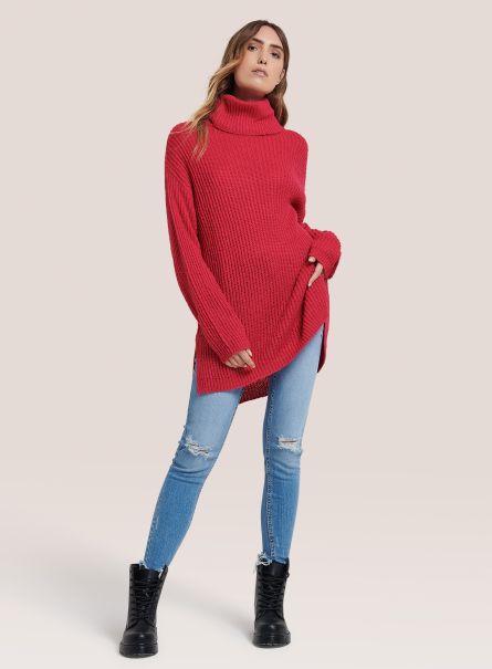 Women Oversized Turtleneck Pullover Sweaters Fuxia
