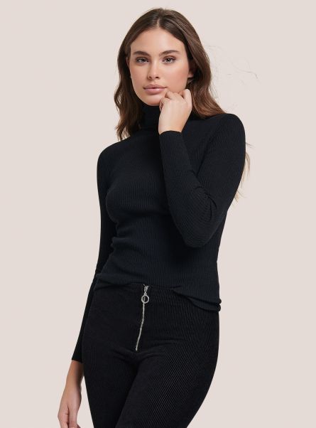 Women Ribbed Turtleneck Pullover Black Sweaters