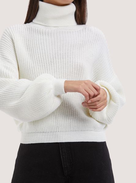Women Sweaters High-Necked Comfort Fit English Rib Pullover White