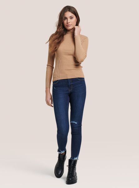 Beige Women Sweaters Ribbed Turtleneck Pullover
