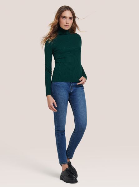 Women Green Sweaters Ribbed Turtleneck Pullover