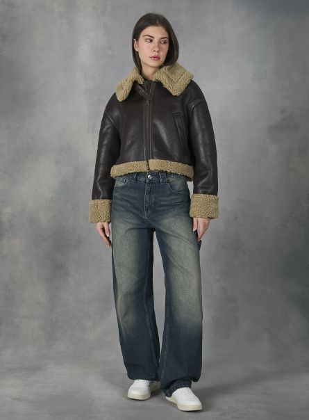 Leather-Effect Jacket With Teddy Lining Jackets Br1 Brown Dark Women
