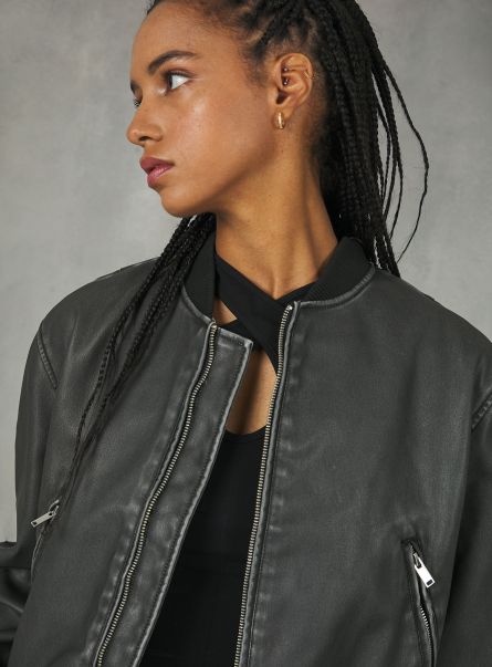 Distressed Leather Effect Bomber Jacket Women Bk1 Black Jackets