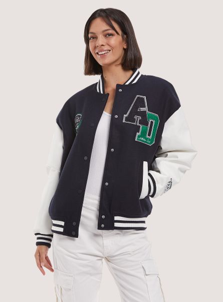 Women Jackets College-Style Bomber Jacket With Leather-Effect Sleeves Na1 Navy Dark
