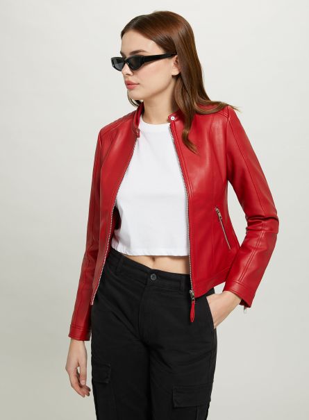 Women Rd1 Red Dark Leather-Effect Biker Jacket Jackets