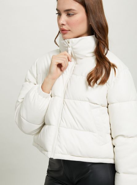 Women Wh2 White Jackets Cropped Leather-Effect Jacket