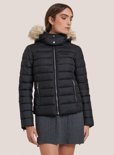 Padded Jacket With Hood And Faux Fur Collar Jackets Bk1 Black Women