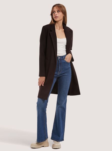 Br1 Brown Dark Jackets Plain-Coloured Open Coat Women