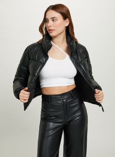 Cropped Leather-Effect Jacket Women Jackets Bk1 Black