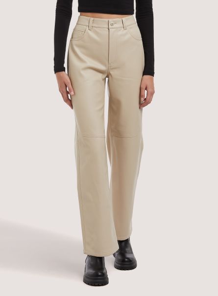 Women Wh1 Off White Leather Effect Straight Fit Trousers Trousers