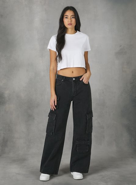 Jeans Women D000 Black Multi Cargo Comfort Fit Jeans
