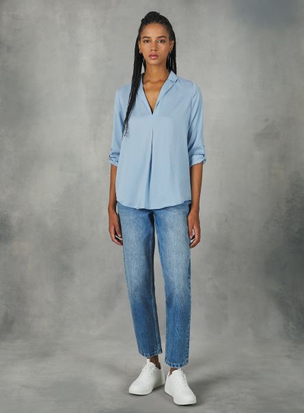 Az3 Azurre Light Women Plain-Coloured Blouse With Lapel Neckline Shirts And Blouse