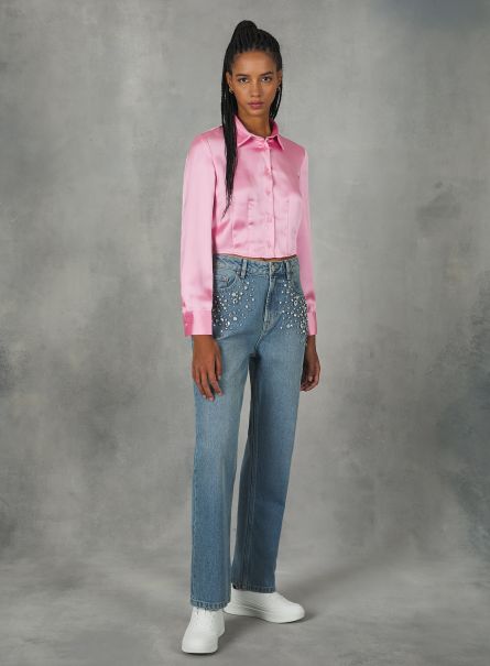 Pk2 Pink Medium Cropped Satin Shirt With Darts Women Shirts And Blouse