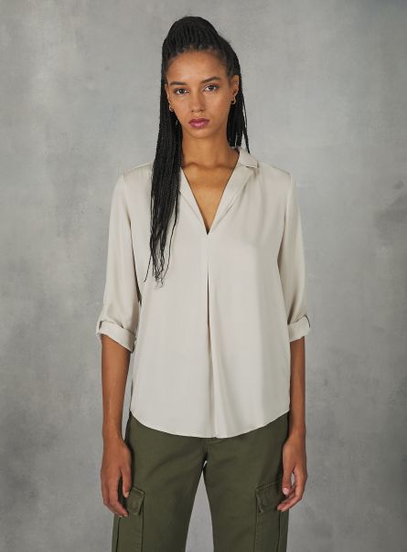 Plain-Coloured Blouse With Lapel Neckline Shirts And Blouse Women Bg3 Beige Light