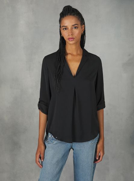Bk1 Black Women Shirts And Blouse Plain-Coloured Blouse With Lapel Neckline
