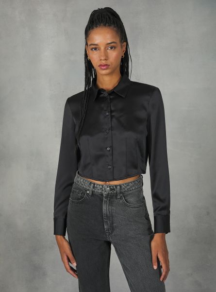 Cropped Satin Shirt With Darts Women Shirts And Blouse Bk1 Black