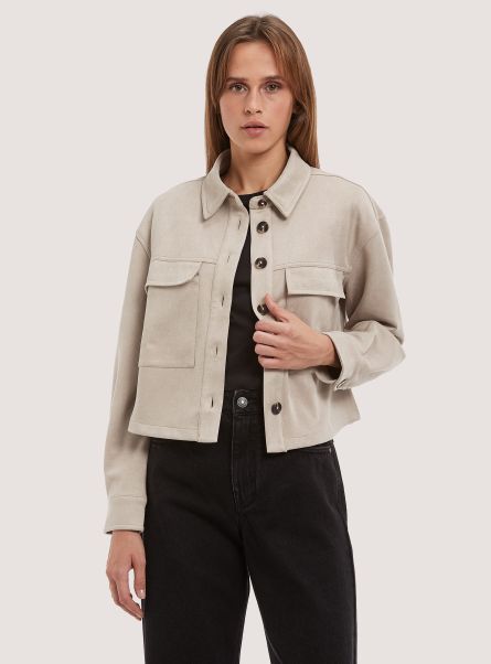 Women Shirts And Blouse Suede Cropped Shirt Jacket Bg3 Beige Light